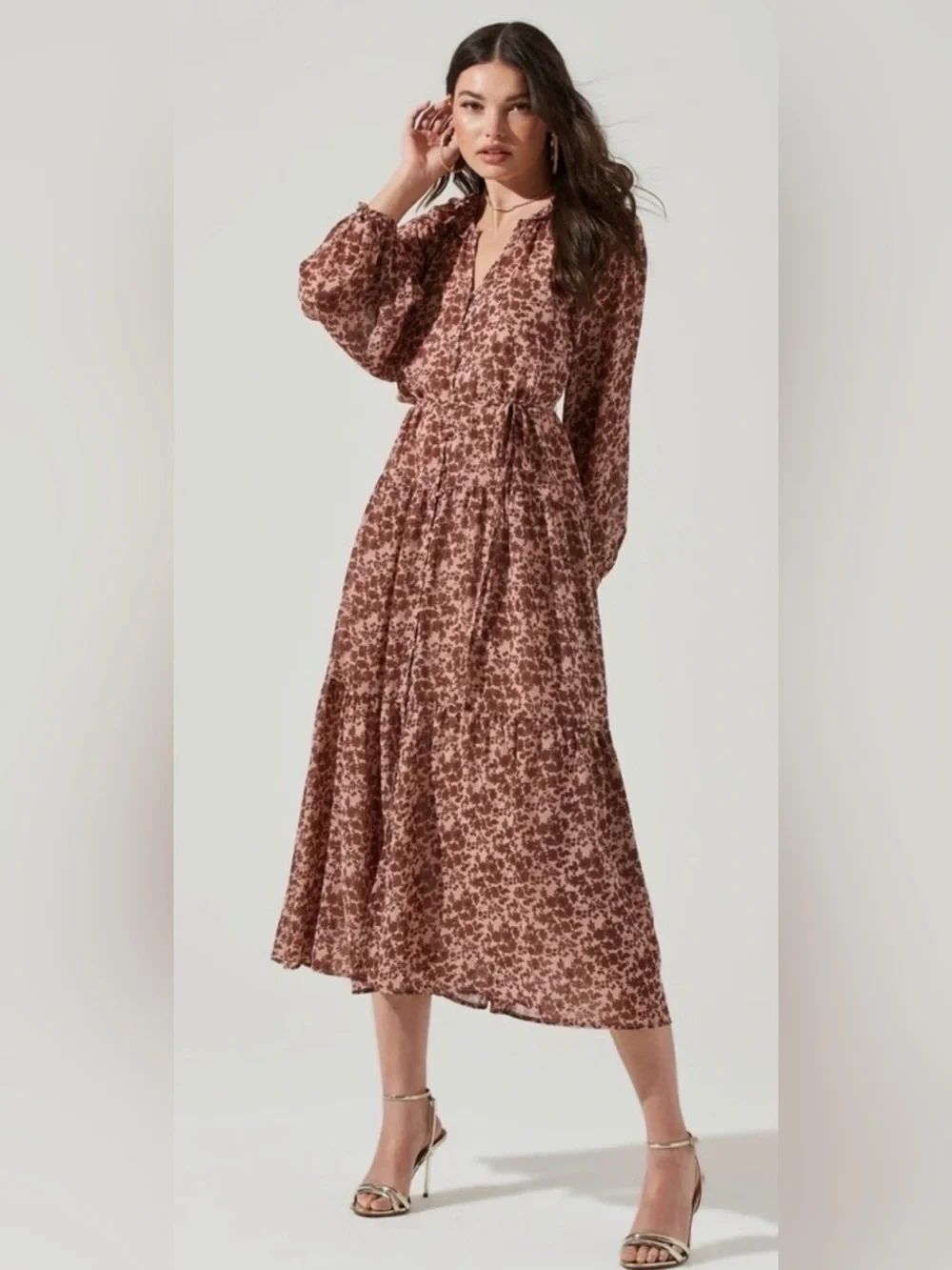 Aster the Label Brown Floral Tiered Long-Sleeve Midi Dress